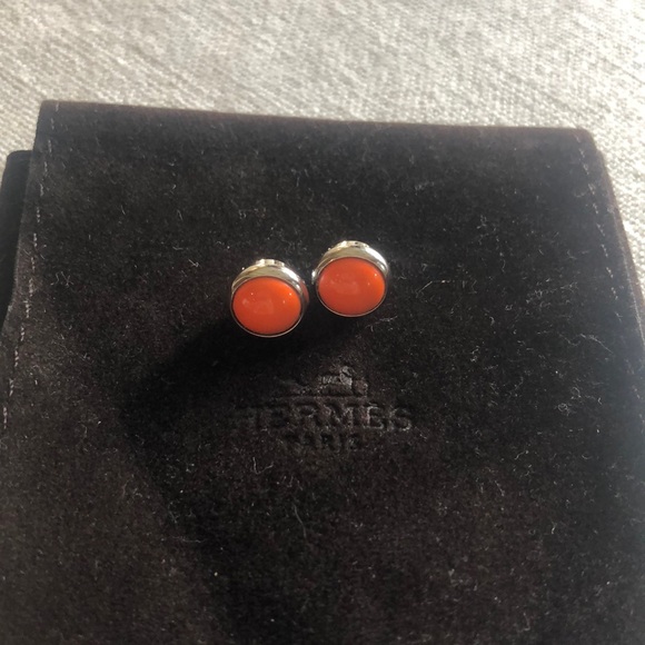 💯 Authentic Hermes Post Earrings Orange with New Backs - Picture 10 of 14